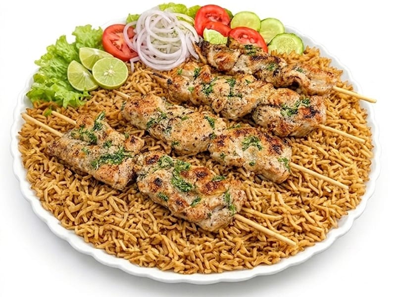 BBQ Feast Family Platter, A sharing platter of Malai Boti, 2 Leg Tikkas, Shish Taouk, Beef & Turkish Kebabs, served with fragrant rice, fresh vegetables and signature sauces, Sufraq Karachi