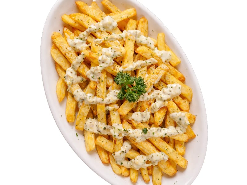 Garlic Mayo Fries, Fries topped with garlic mayo, garnished with fresh parsley, Sufraq Karachi