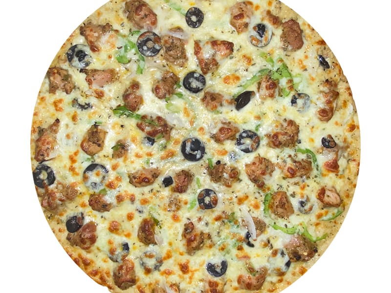 Malai Boti Pizza, Chicken (malai), cheese, onion, olives with creamy sauce, Sufraq Karachi