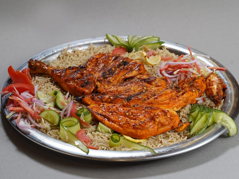 Peri Peri Mandi, Traditional mandi rice with a peri peri twist, grilled chicken, veggies and sauces, Sufraq Karachi