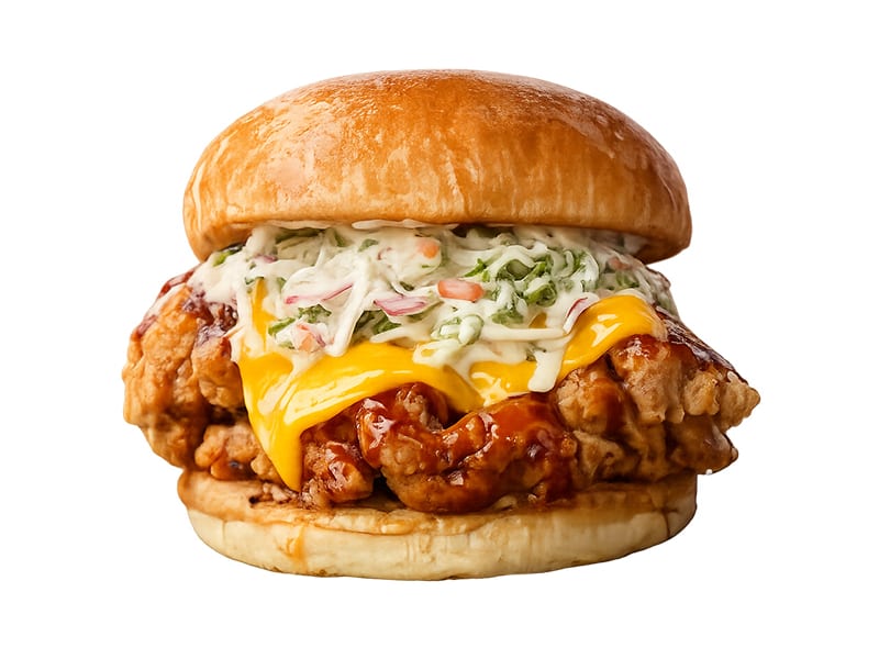 Smokey Ranch Burger, Tender chicken filled with ranch sauce, slice cheese, iceberg and garlic mayo, Sufraq Karachi