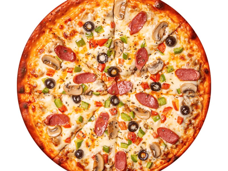 Super Supreme Pizza, A cheese-loaded Sufraq pizza topped with chicken, pepperoni, malai chicken, mushrooms, olives and vegetables, Sufraq Karachi